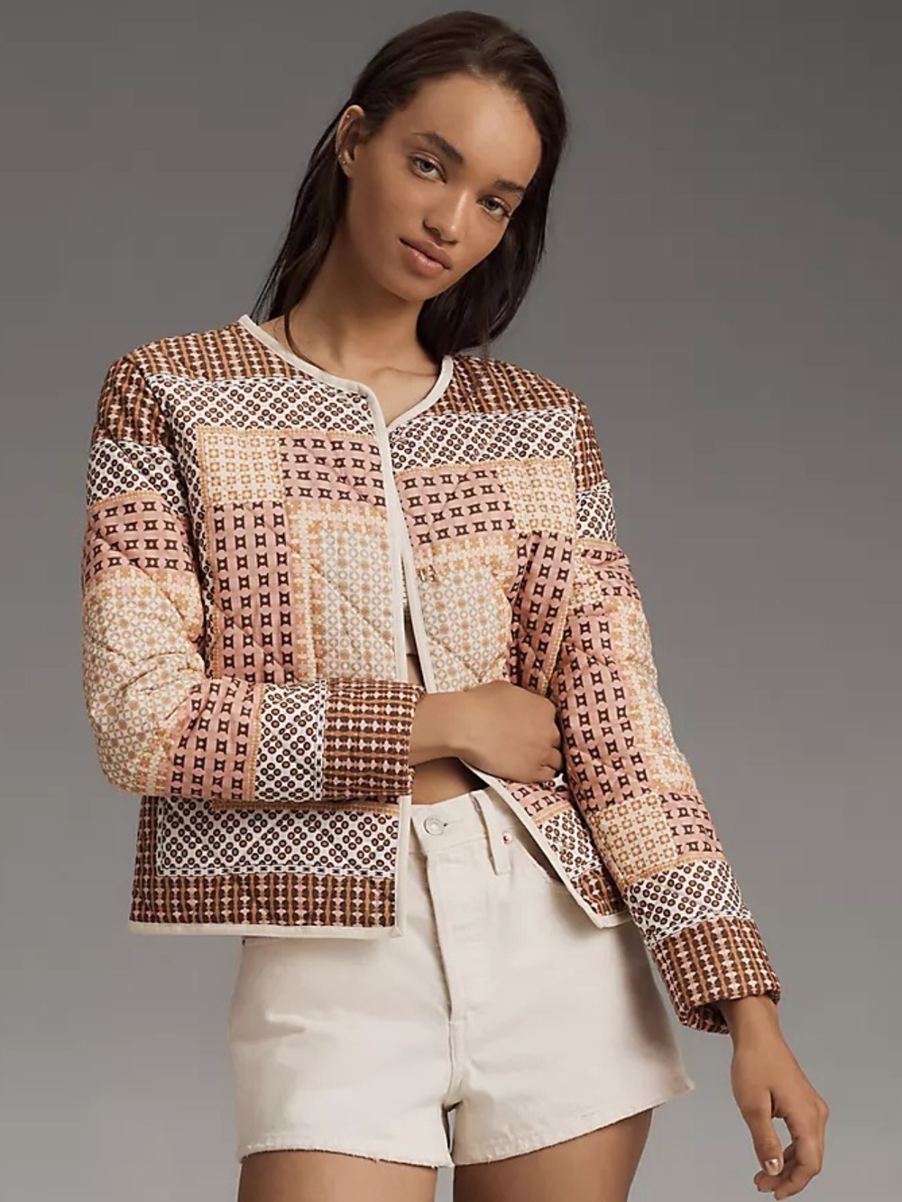Anthropologie Patchwork Quilted Jacket in Pink, Brown & Cream